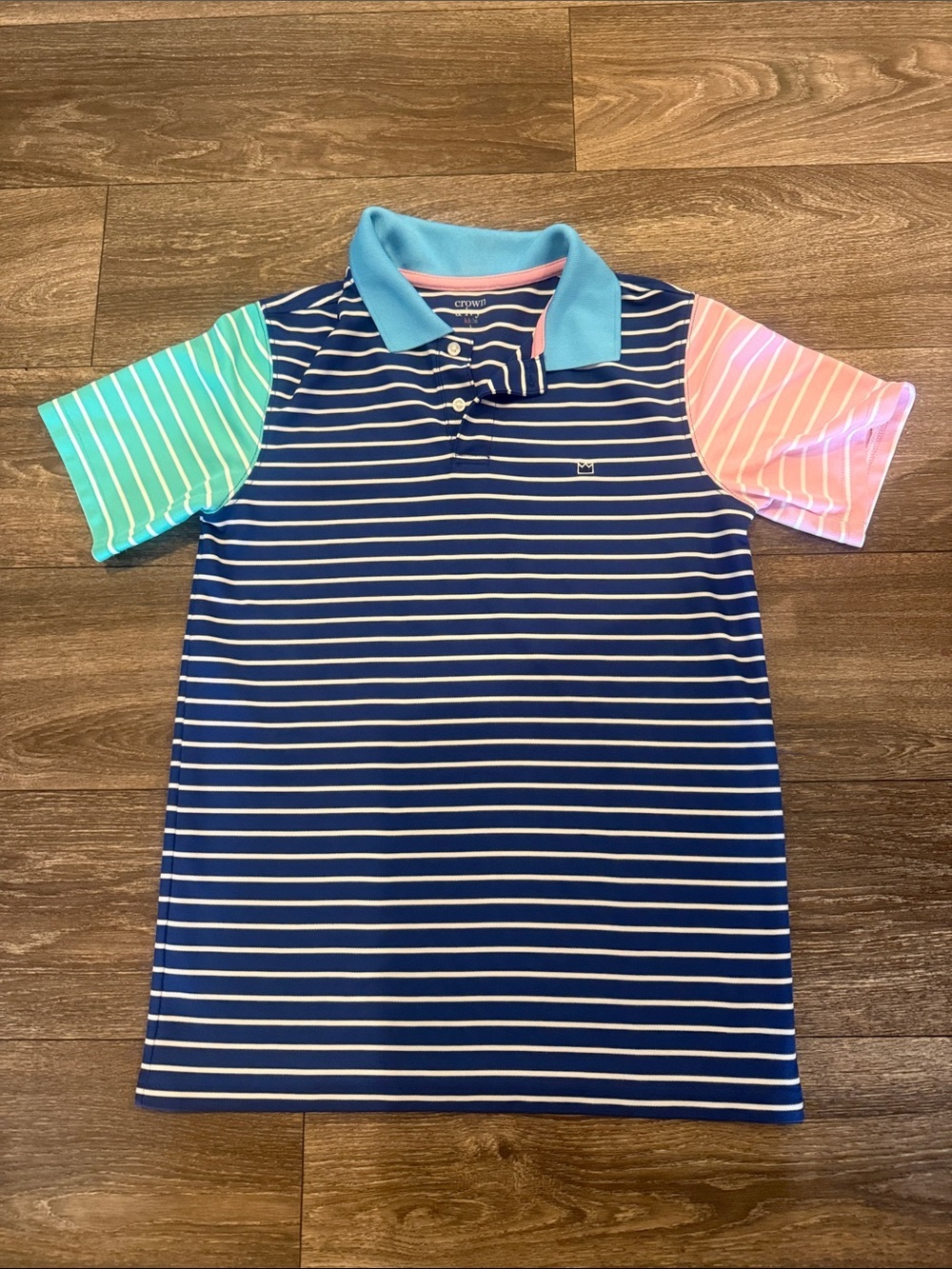 crown & ivy Navy Striped Polo with Aqua and Pink Sleeves